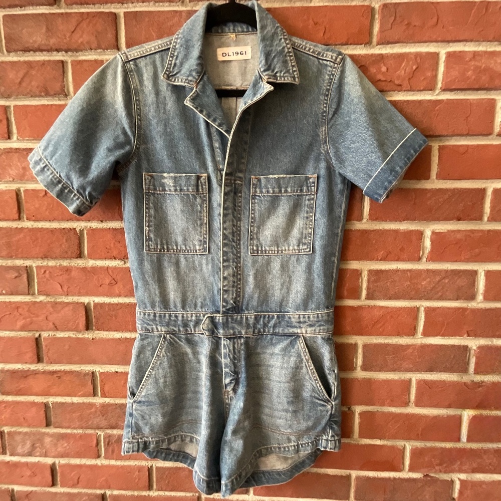 DL 1961 Hannah Blue Distressed 100% Cotton Denim Romper Size S